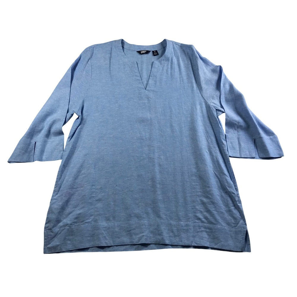 Lands End Womens XL Blue Linen Blend Split Neck 3/4 Sleeve Tunic Top RN 168874